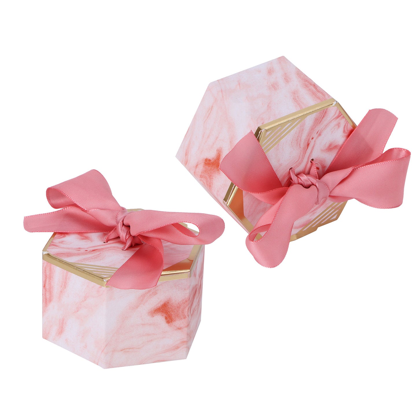 25 Set Hexagonal Candy Boxes Chocolate Cookies Boxes for Wedding Party Supplies(Pink Rose Pink Ribbon )