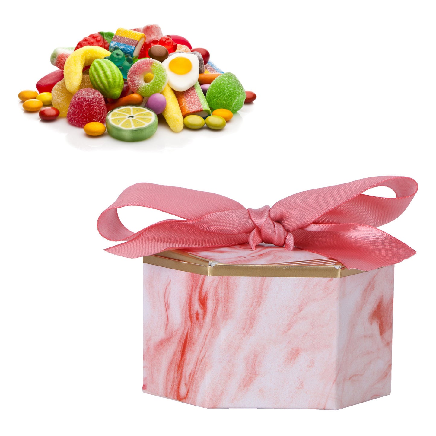 25 Set Hexagonal Candy Boxes Chocolate Cookies Boxes for Wedding Party Supplies(Pink Rose Pink Ribbon )