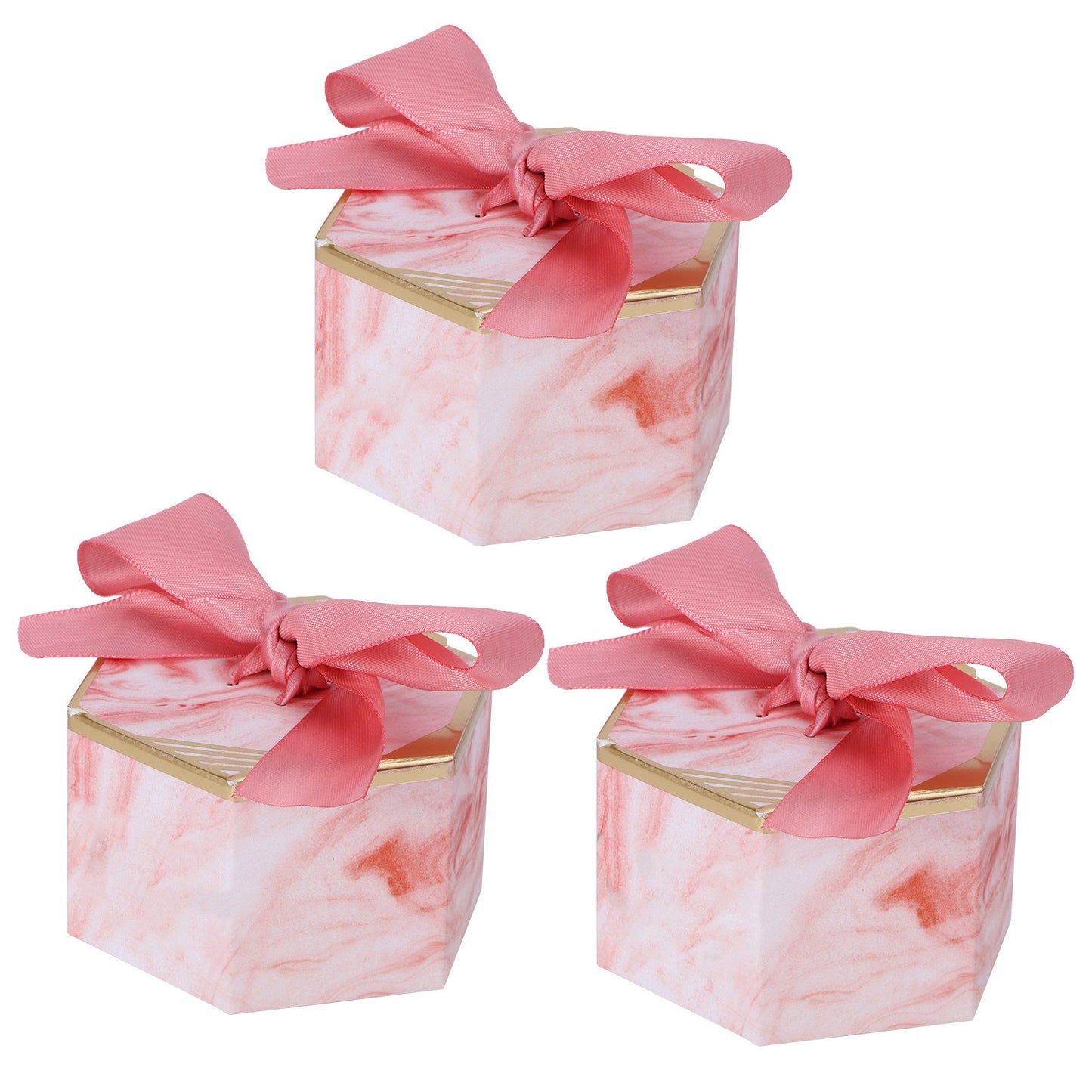 25 Set Hexagonal Candy Boxes Chocolate Cookies Boxes for Wedding Party Supplies(Pink Rose Pink Ribbon )